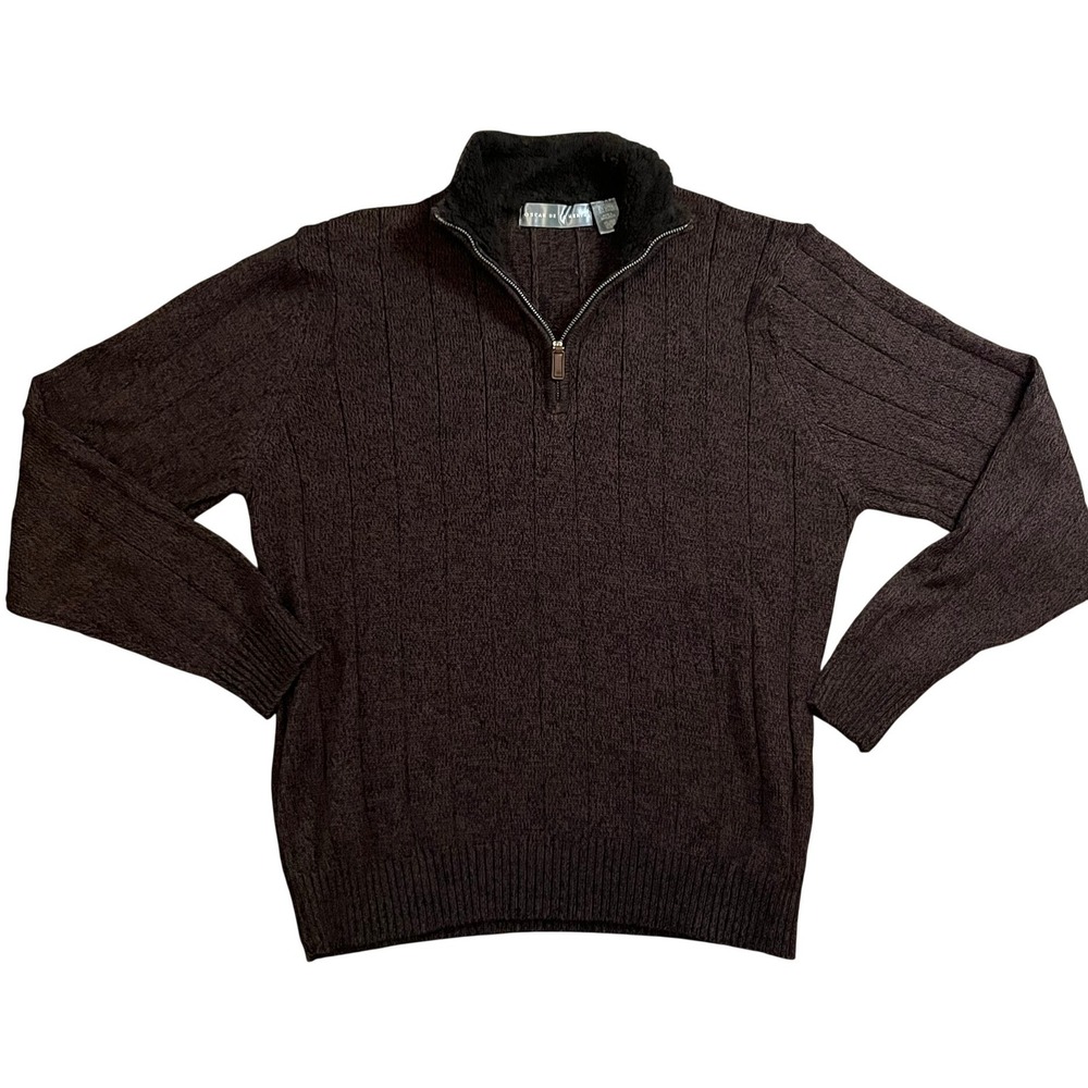 Oscar de la Renta Mens Brown Quarter Zip Ribbed Sweater Faux Fur Collar Large